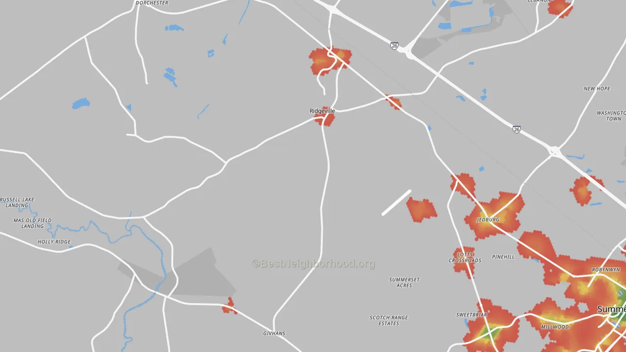 Walk Grade map of 29472, SC, walkable areas in green and car-dependent areas in red