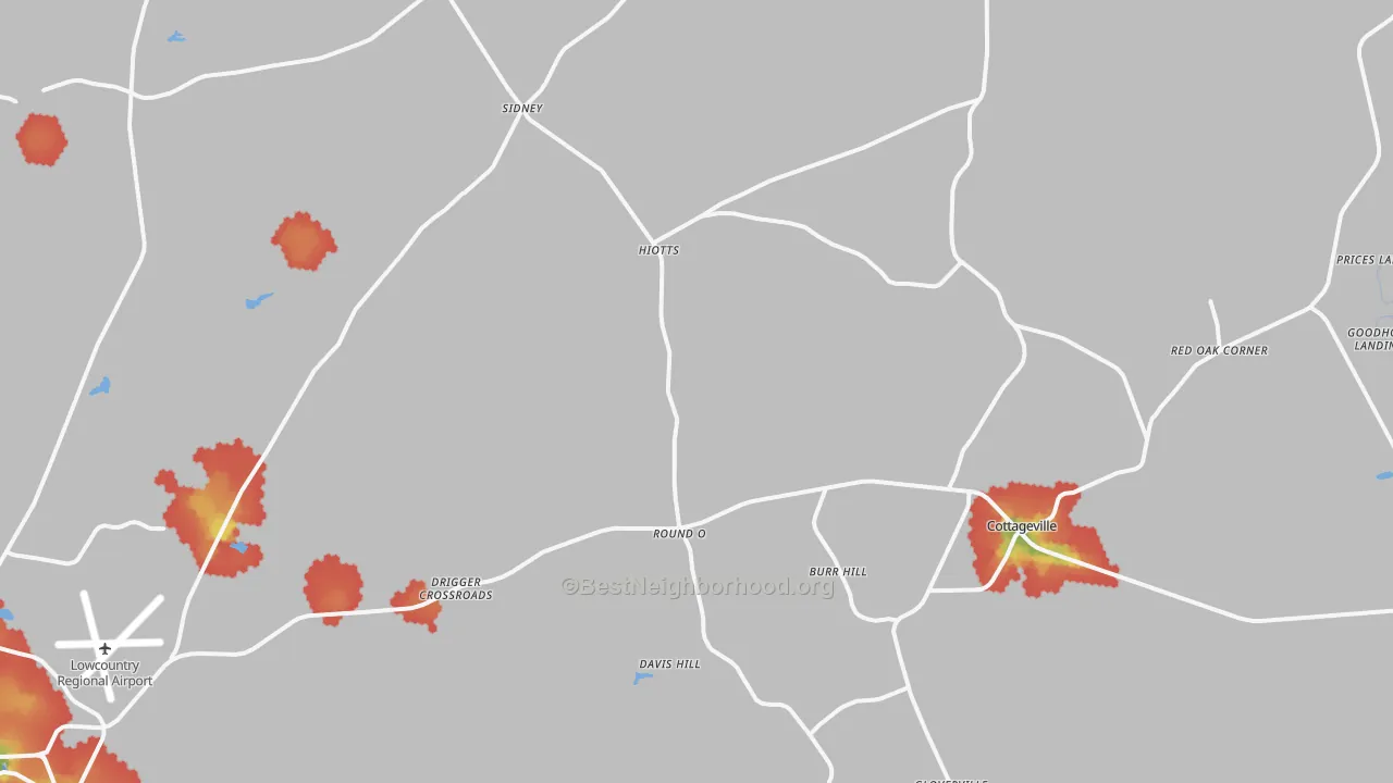 Walk Grade map of 29474, SC, walkable areas in green and car-dependent areas in red