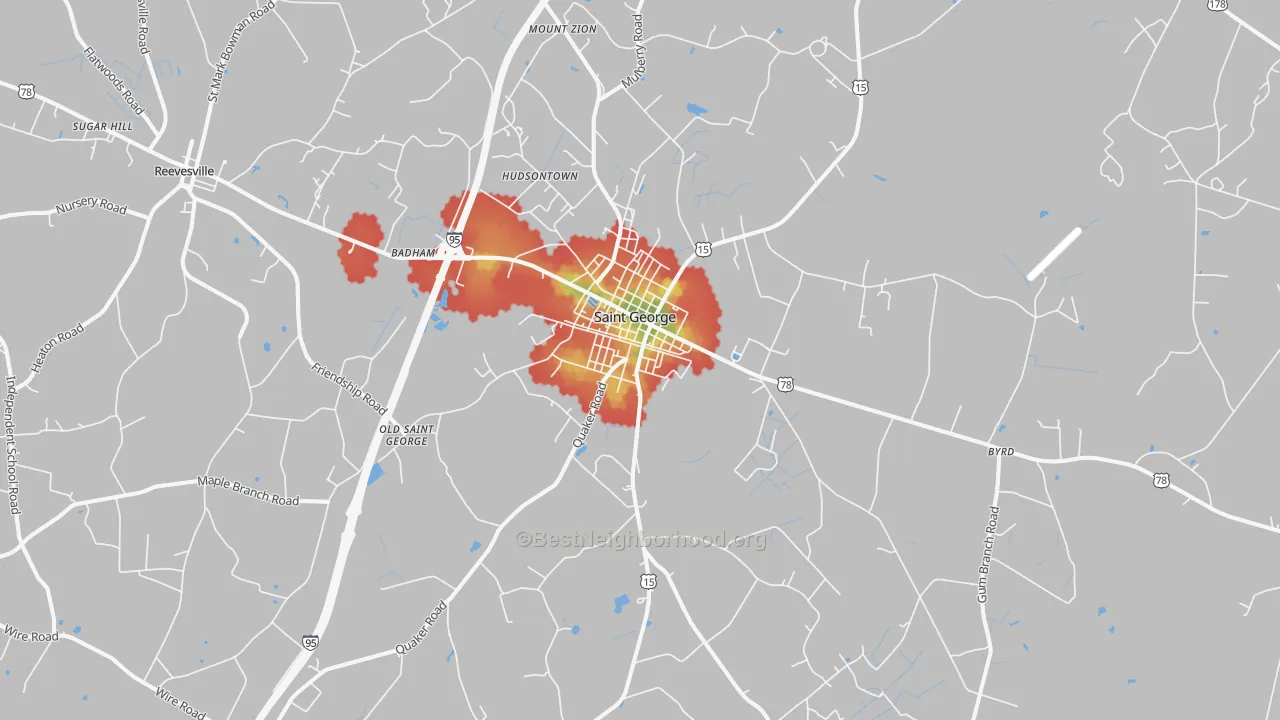 Walk Grade map of 29477, SC, walkable areas in green and car-dependent areas in red