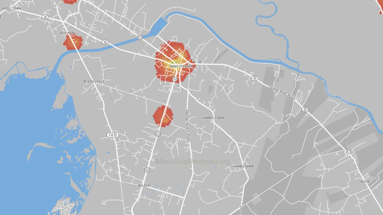 Walk Grade map of 29479, SC, walkable areas in green and car-dependent areas in red