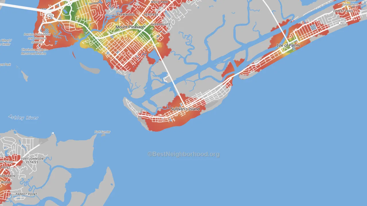 Walk Grade map of 29482, SC, walkable areas in green and car-dependent areas in red