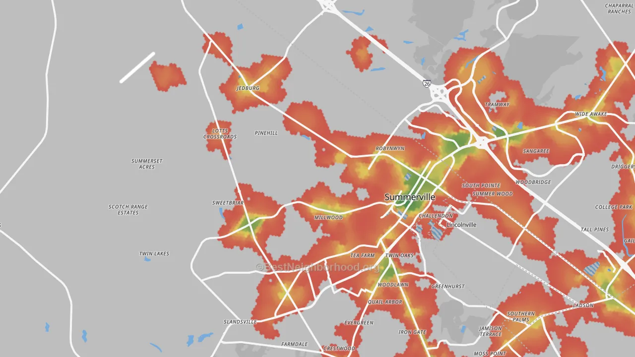 Walk Grade map of 29483, SC, walkable areas in green and car-dependent areas in red