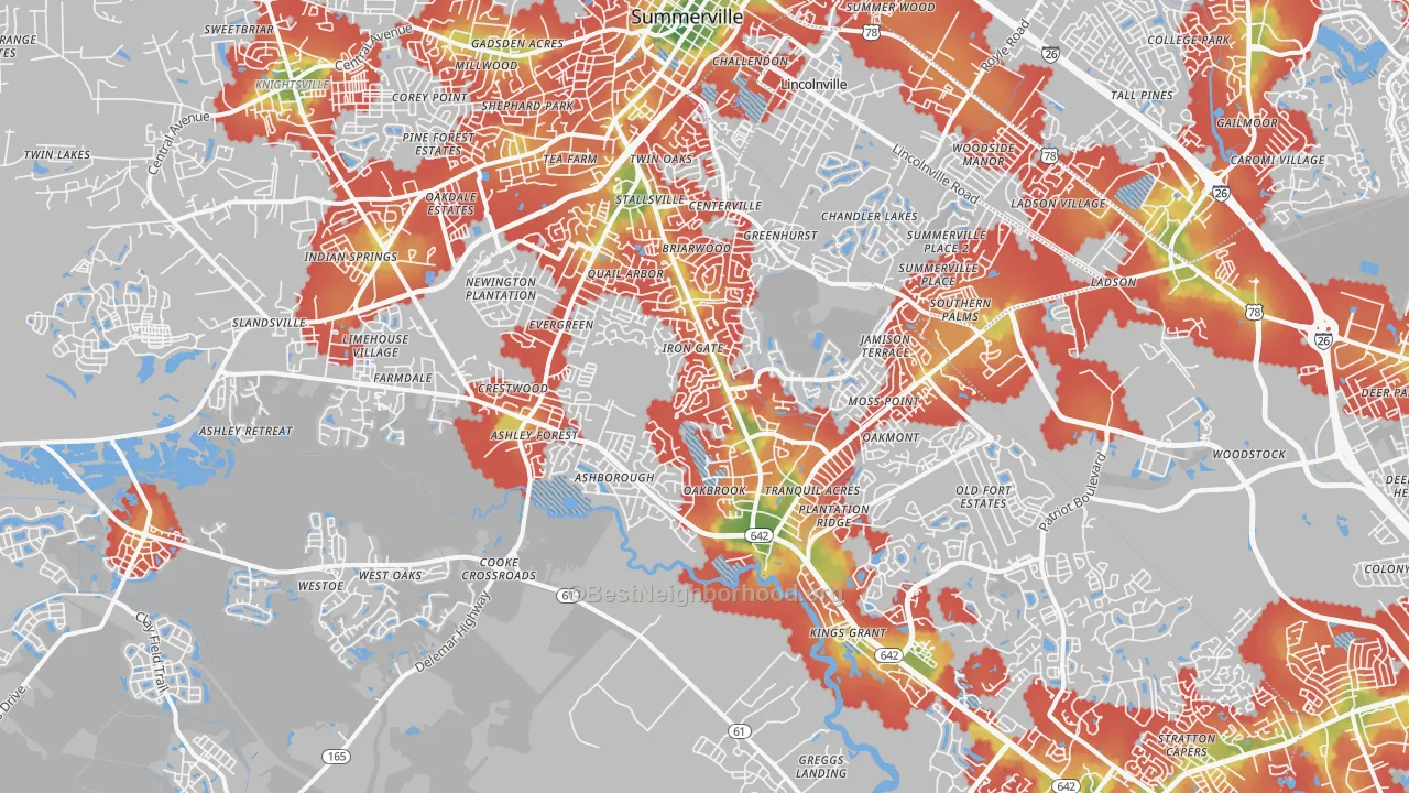 Walk Grade map of 29485, SC, walkable areas in green and car-dependent areas in red