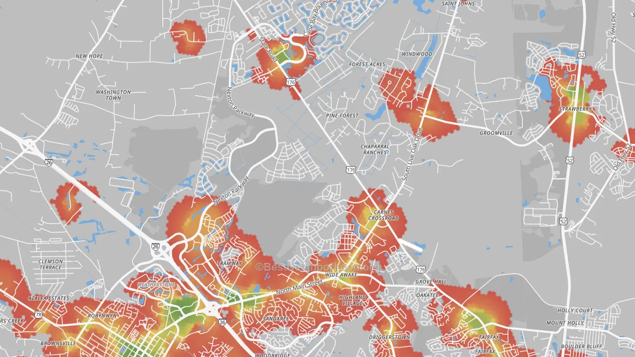 Walk Grade map of 29486, SC, walkable areas in green and car-dependent areas in red
