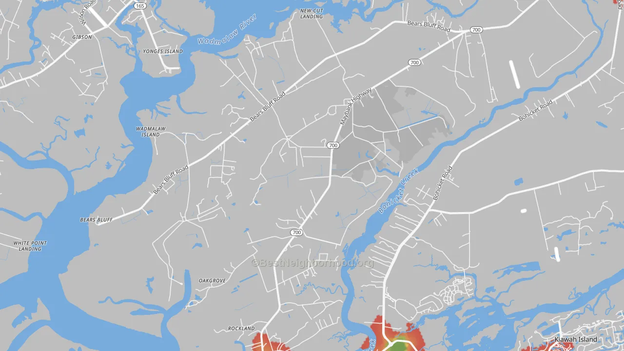 Walk Grade map of 29487, SC, walkable areas in green and car-dependent areas in red