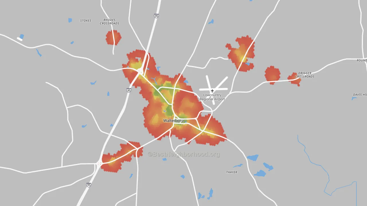 Walk Grade map of 29488, SC, walkable areas in green and car-dependent areas in red