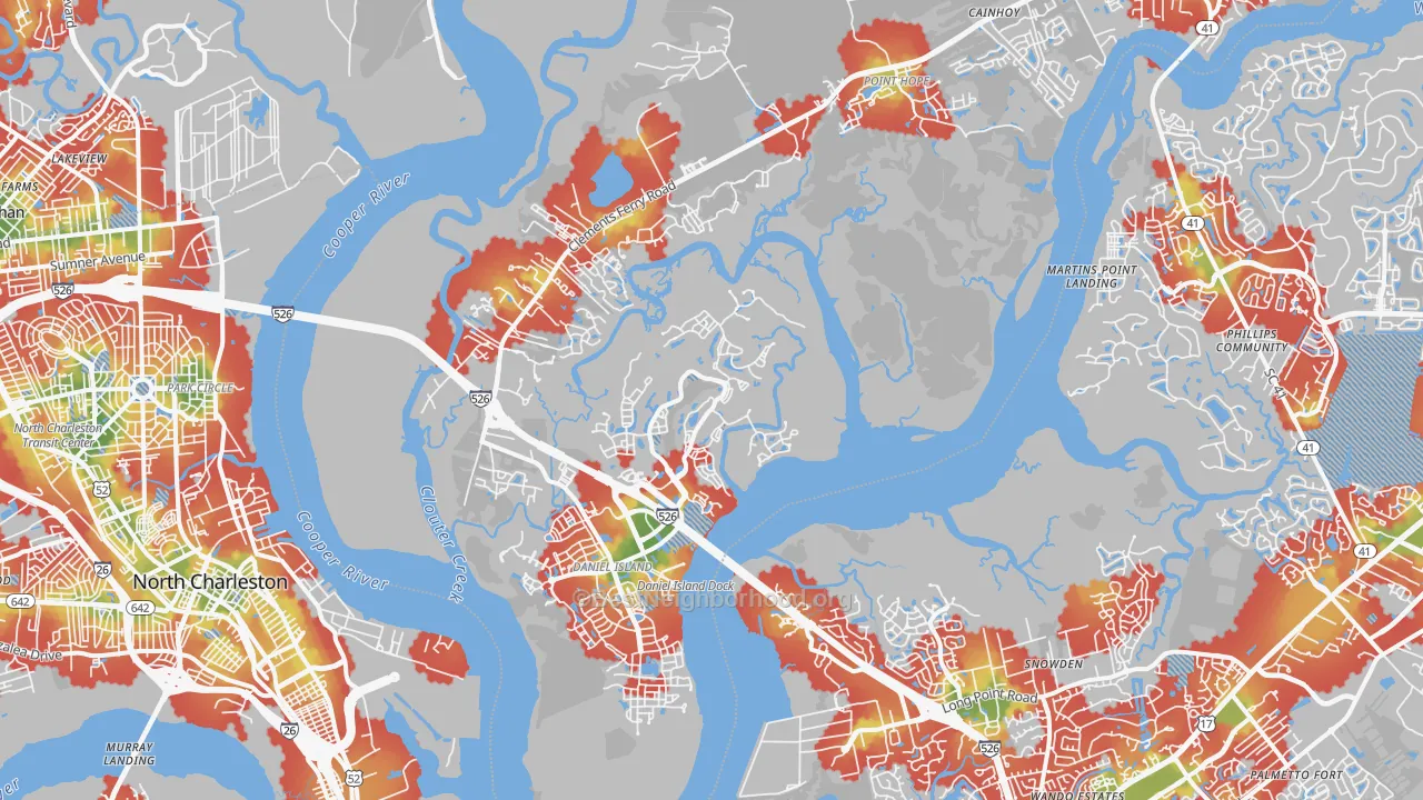 Walk Grade map of 29492, SC, walkable areas in green and car-dependent areas in red
