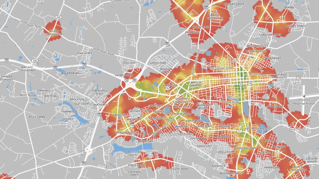 Walk Grade map of 29501, SC, walkable areas in green and car-dependent areas in red