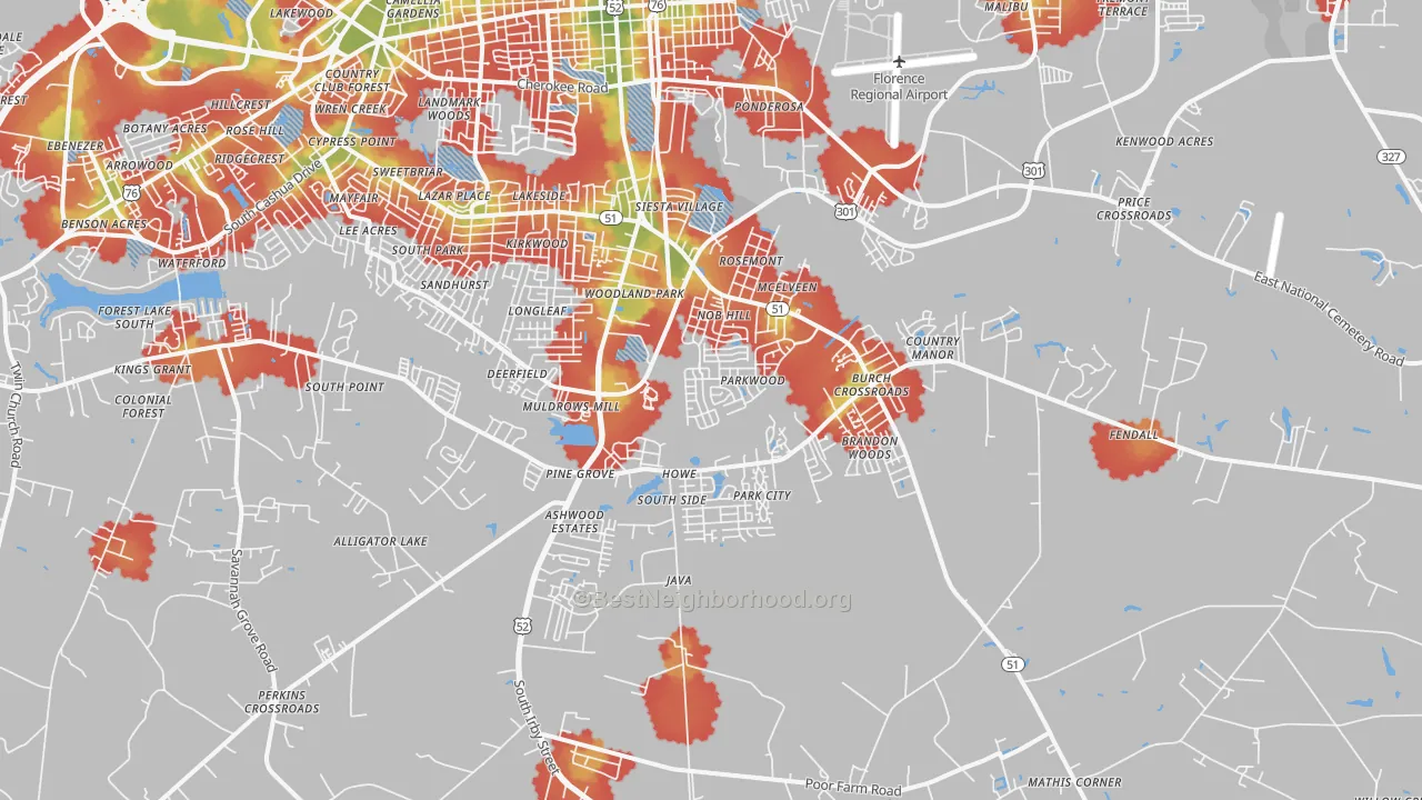 Walk Grade map of 29505, SC, walkable areas in green and car-dependent areas in red