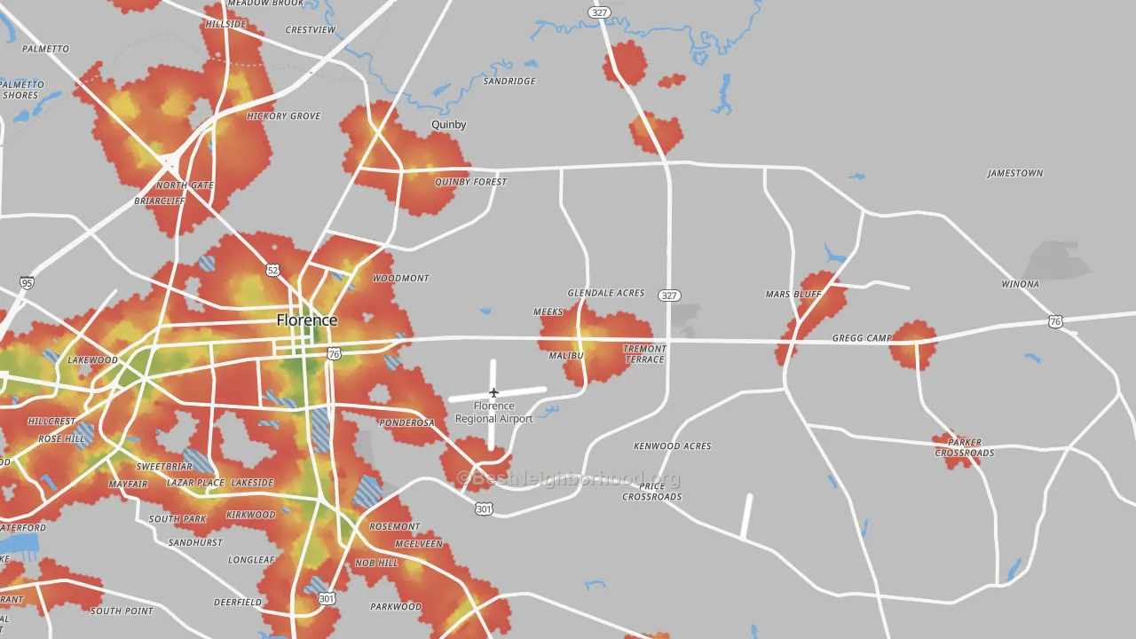Walk Grade map of 29506, SC, walkable areas in green and car-dependent areas in red