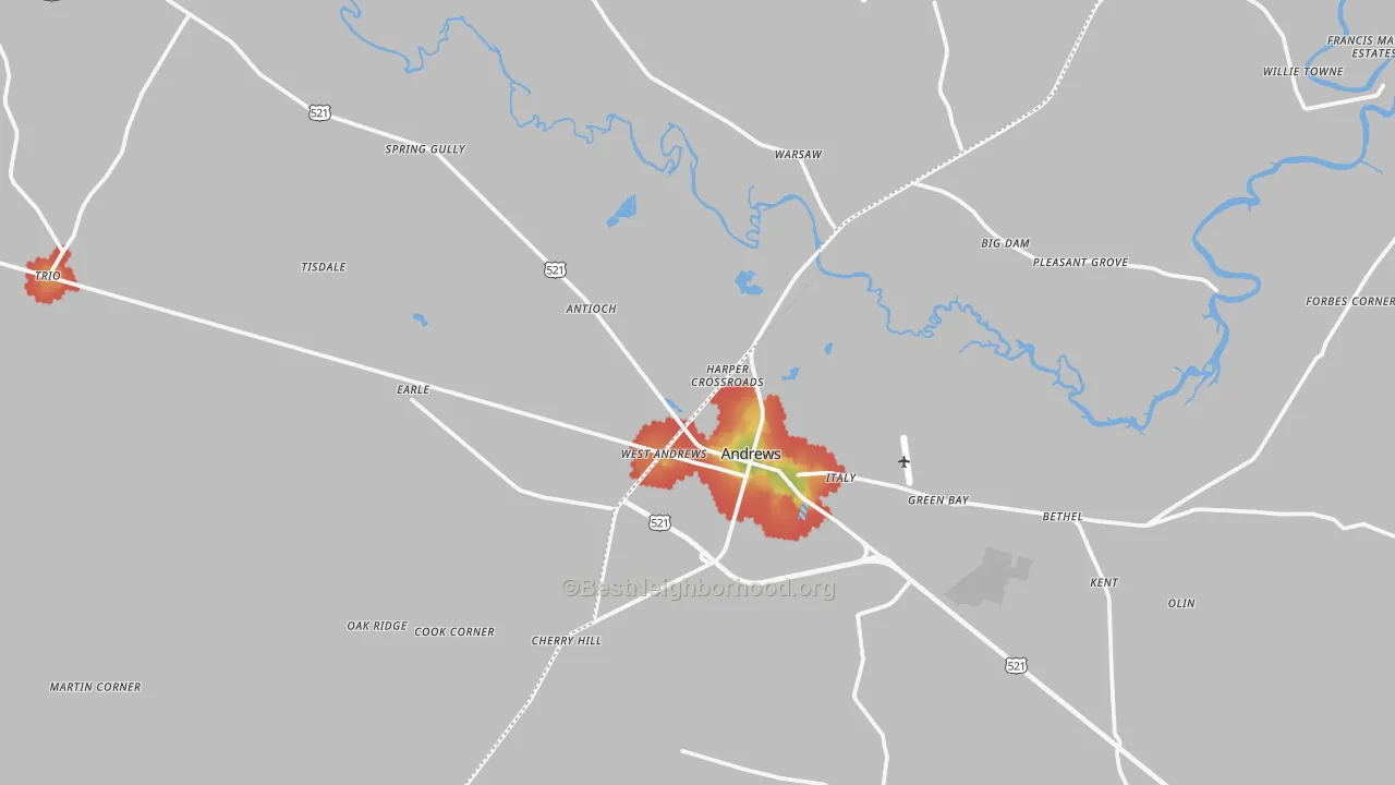Walk Grade map of 29510, SC, walkable areas in green and car-dependent areas in red