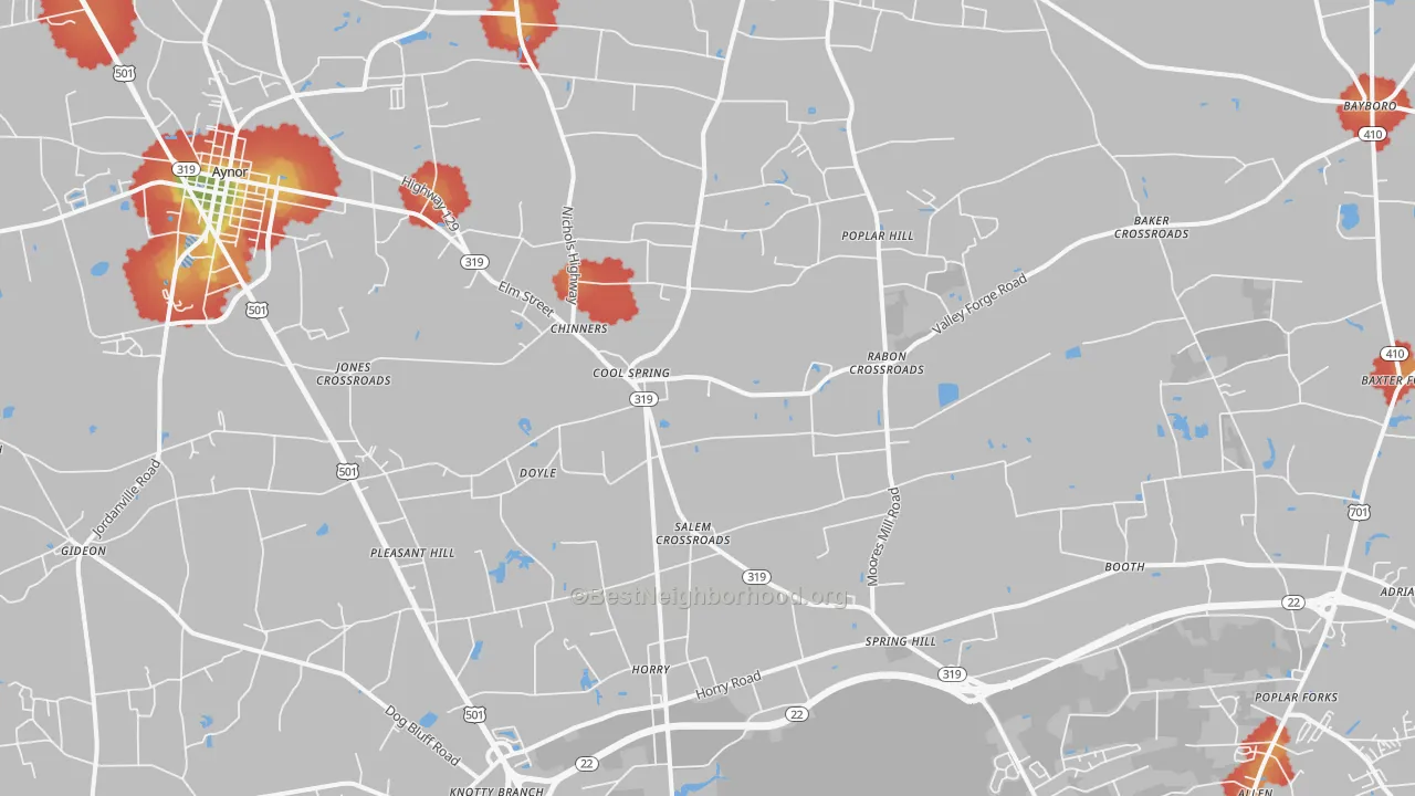 Walk Grade map of 29511, SC, walkable areas in green and car-dependent areas in red