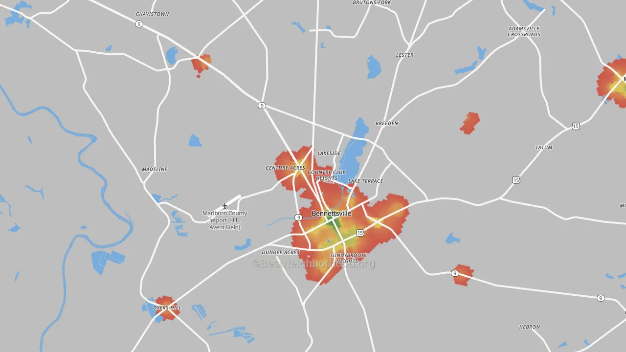 Walk Grade map of 29512, SC, walkable areas in green and car-dependent areas in red