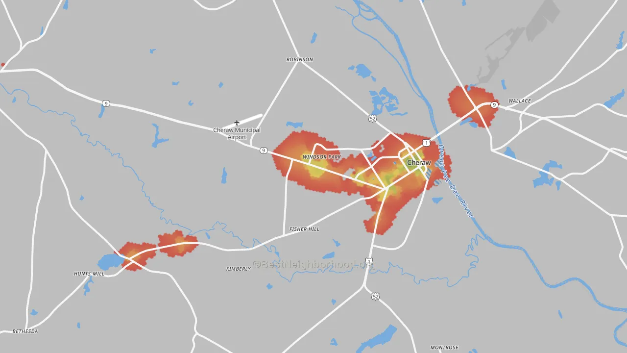 Walk Grade map of 29520, SC, walkable areas in green and car-dependent areas in red