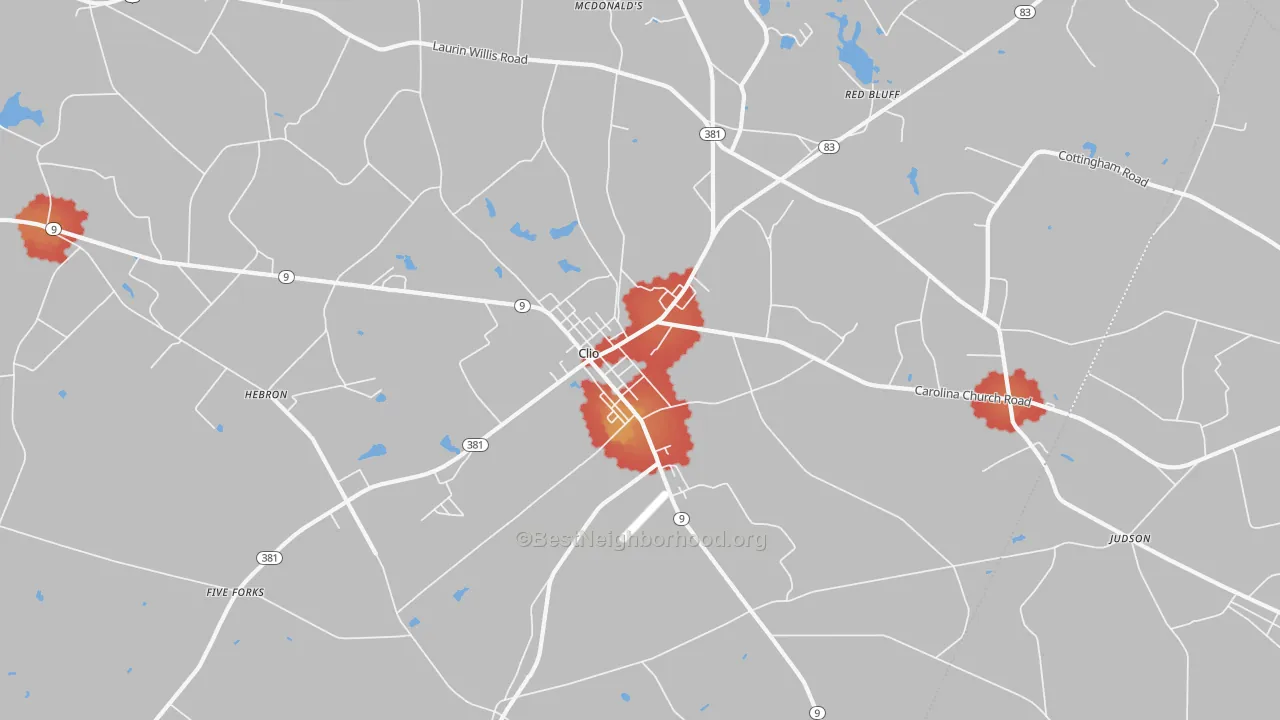 Walk Grade map of 29525, SC, walkable areas in green and car-dependent areas in red