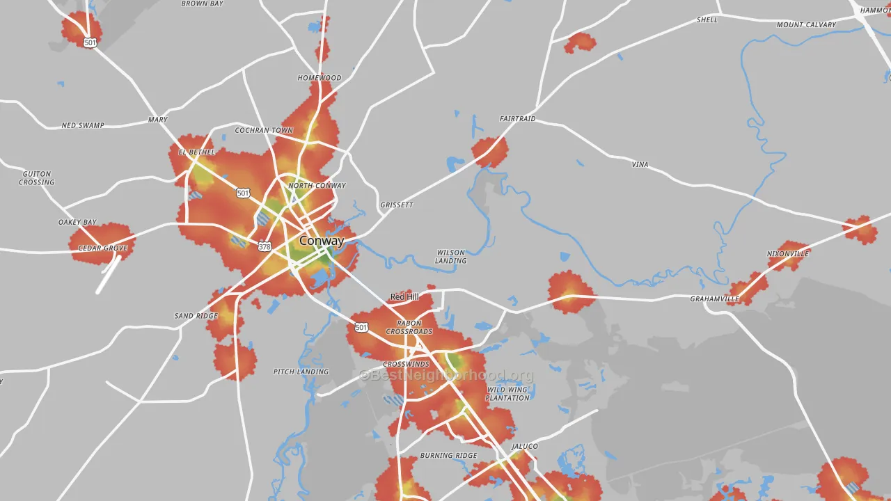 Walk Grade map of 29526, SC, walkable areas in green and car-dependent areas in red