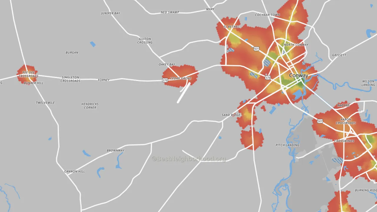 Walk Grade map of 29527, SC, walkable areas in green and car-dependent areas in red