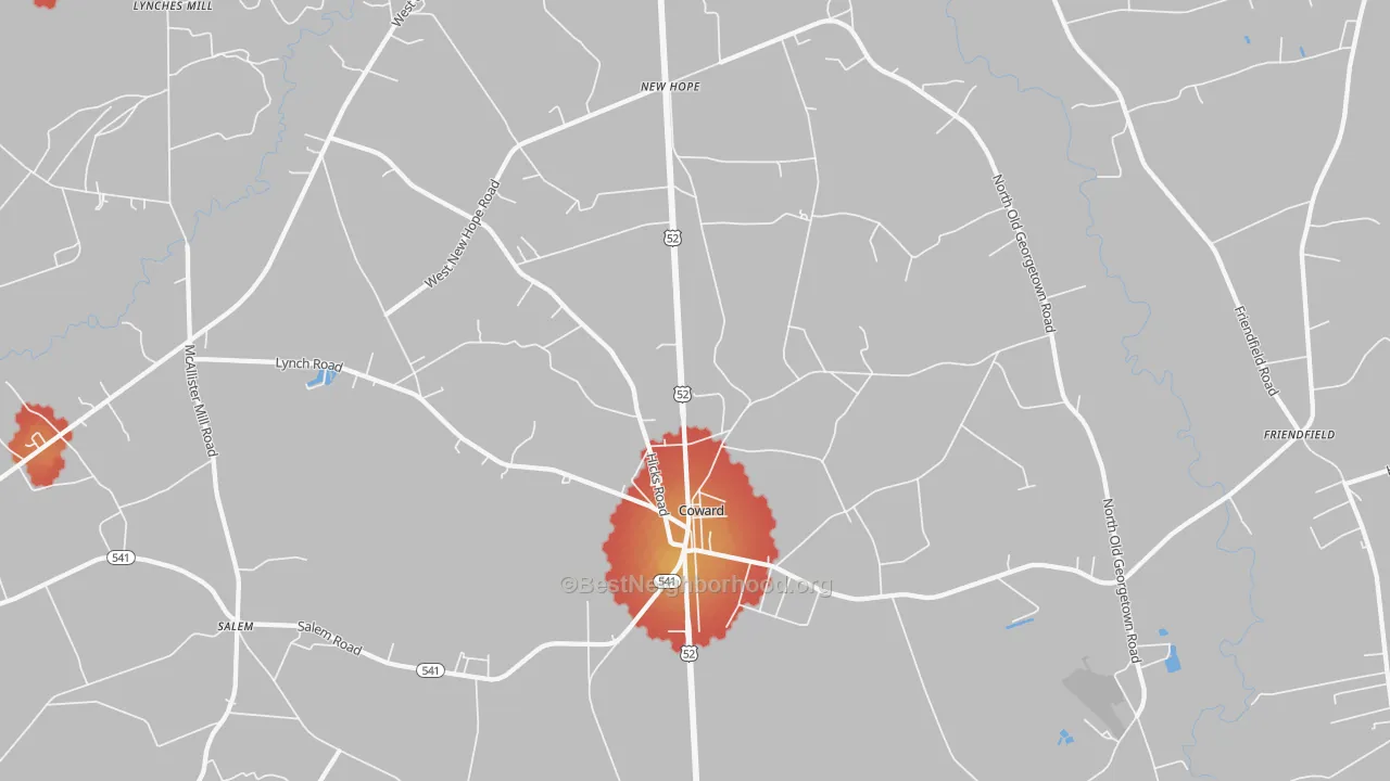 Walk Grade map of 29530, SC, walkable areas in green and car-dependent areas in red