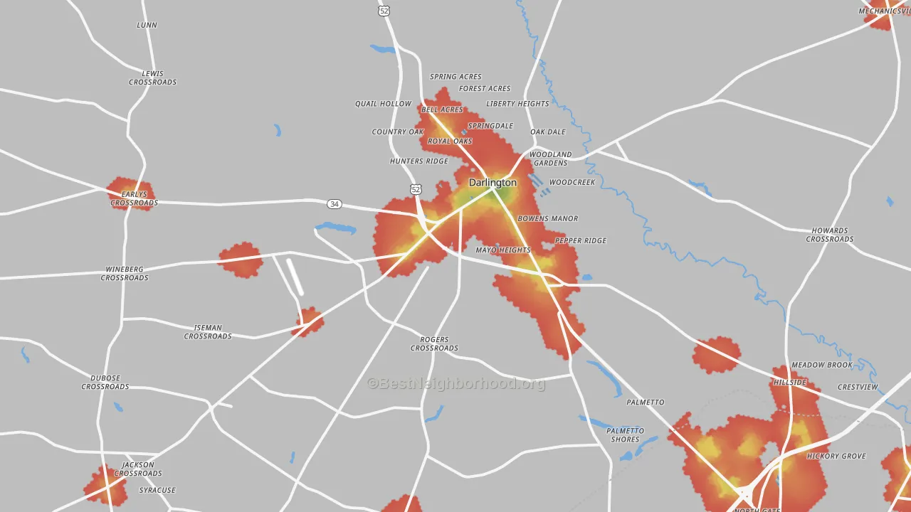 Walk Grade map of 29532, SC, walkable areas in green and car-dependent areas in red