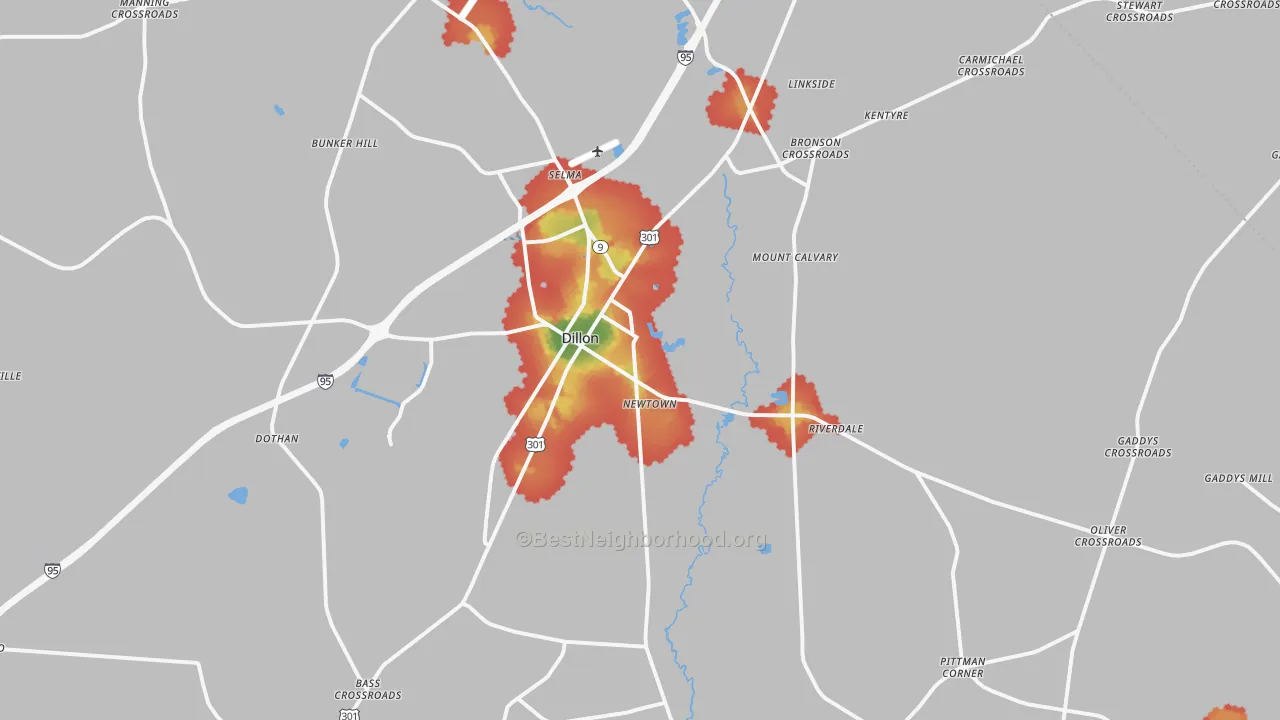 Walk Grade map of 29536, SC, walkable areas in green and car-dependent areas in red