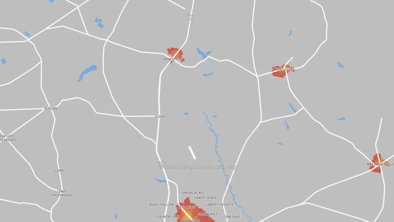 Walk Grade map of 29540, SC, walkable areas in green and car-dependent areas in red