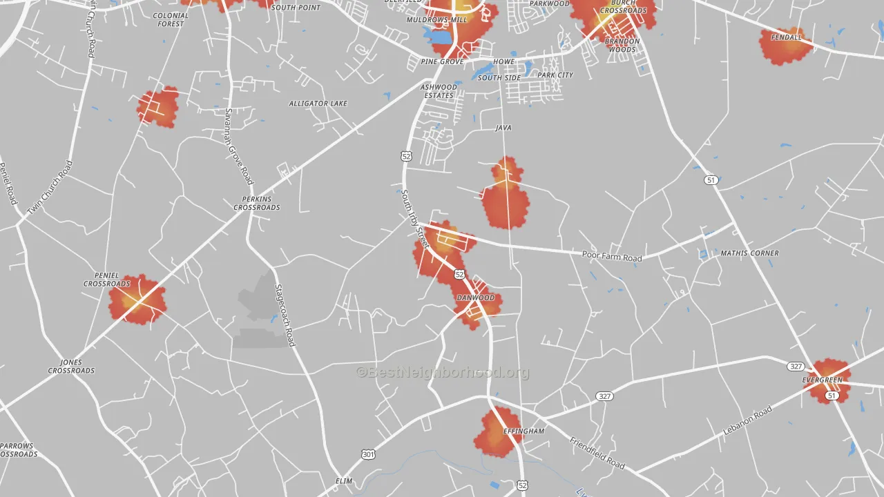 Walk Grade map of 29541, SC, walkable areas in green and car-dependent areas in red