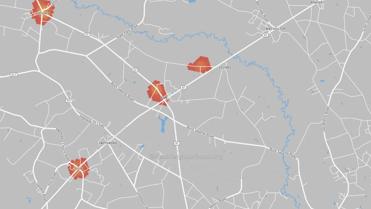Walk Grade map of 29543, SC, walkable areas in green and car-dependent areas in red