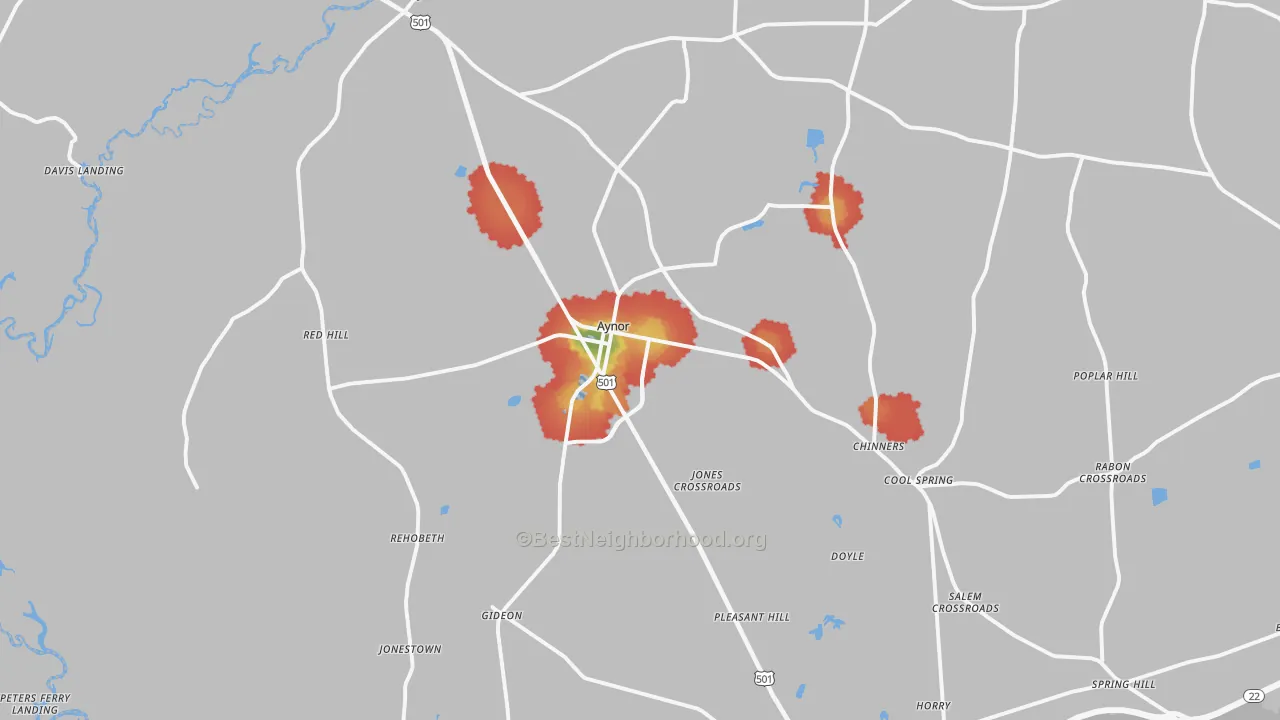 Walk Grade map of 29544, SC, walkable areas in green and car-dependent areas in red