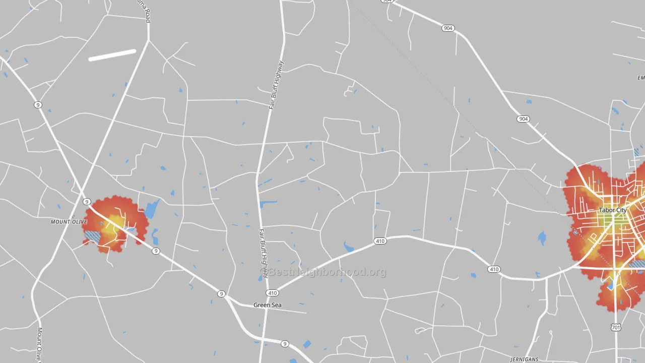 Walk Grade map of 29545, SC, walkable areas in green and car-dependent areas in red