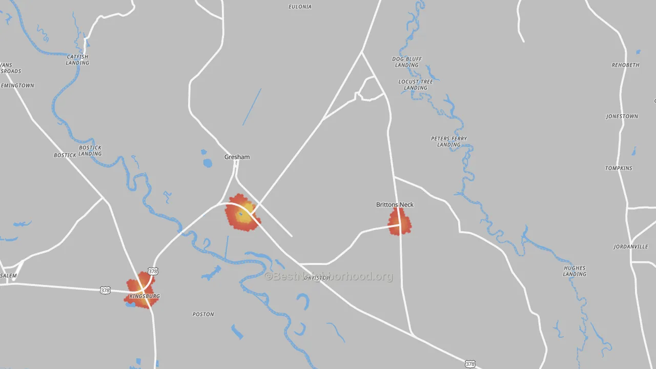 Walk Grade map of 29546, SC, walkable areas in green and car-dependent areas in red