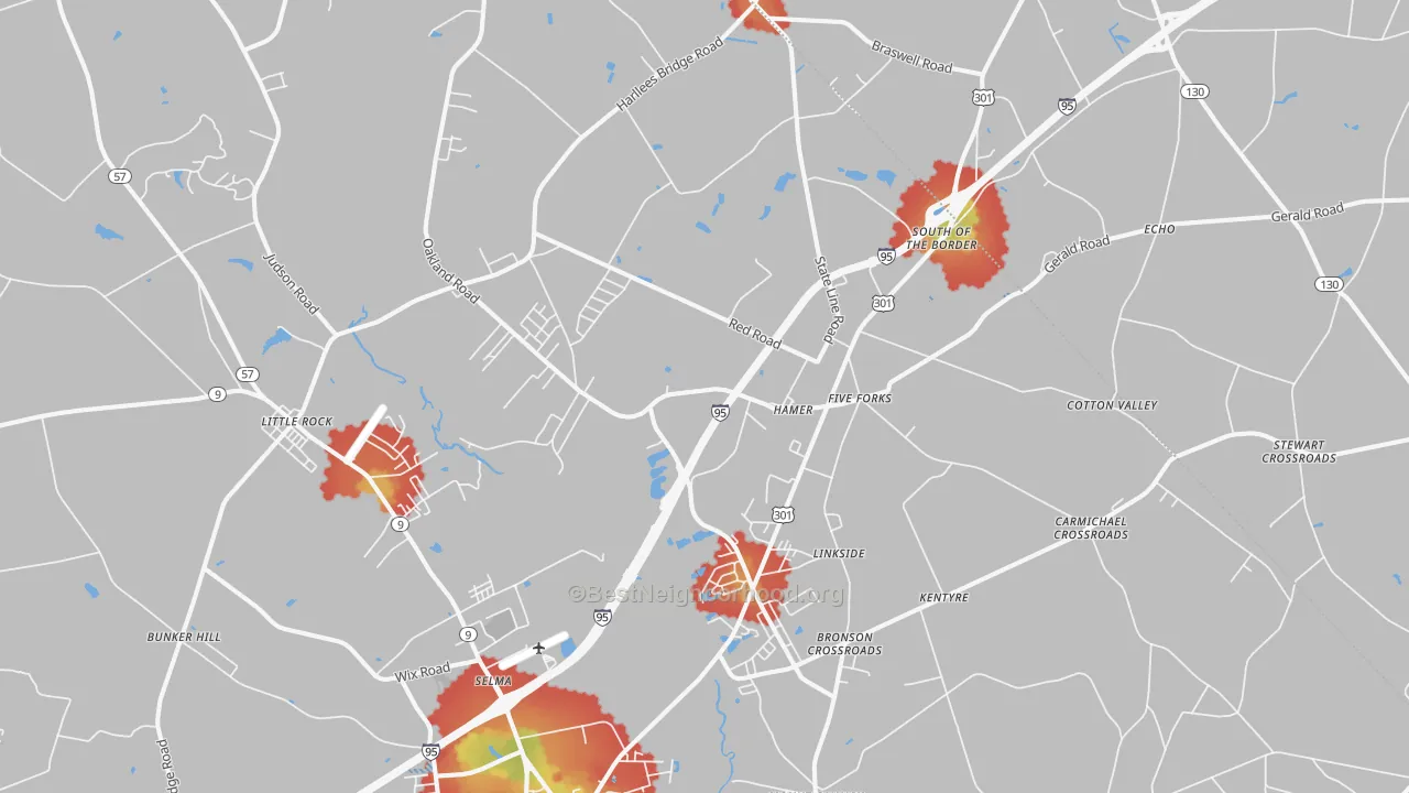 Walk Grade map of 29547, SC, walkable areas in green and car-dependent areas in red