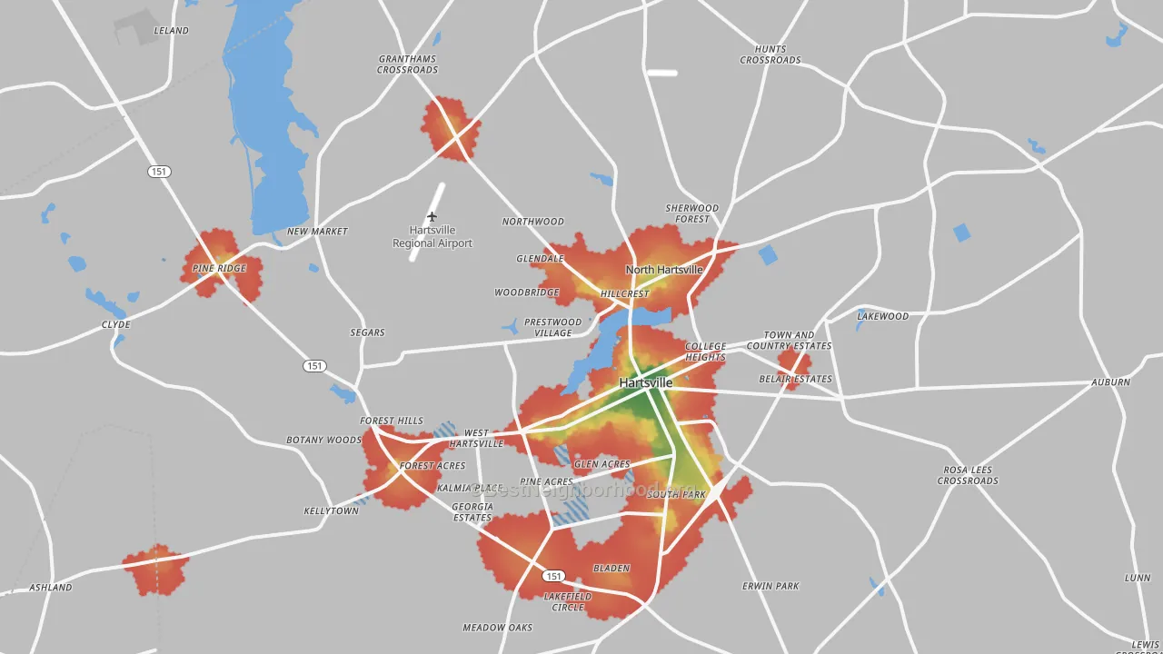 Walk Grade map of 29550, SC, walkable areas in green and car-dependent areas in red