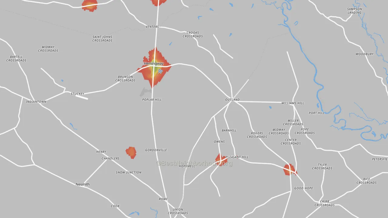 Walk Grade map of 29554, SC, walkable areas in green and car-dependent areas in red