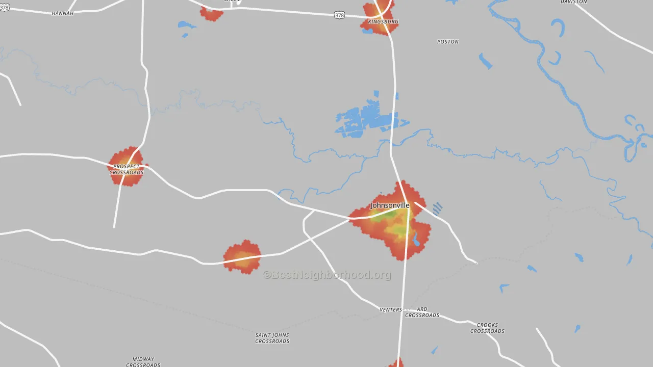Walk Grade map of 29555, SC, walkable areas in green and car-dependent areas in red