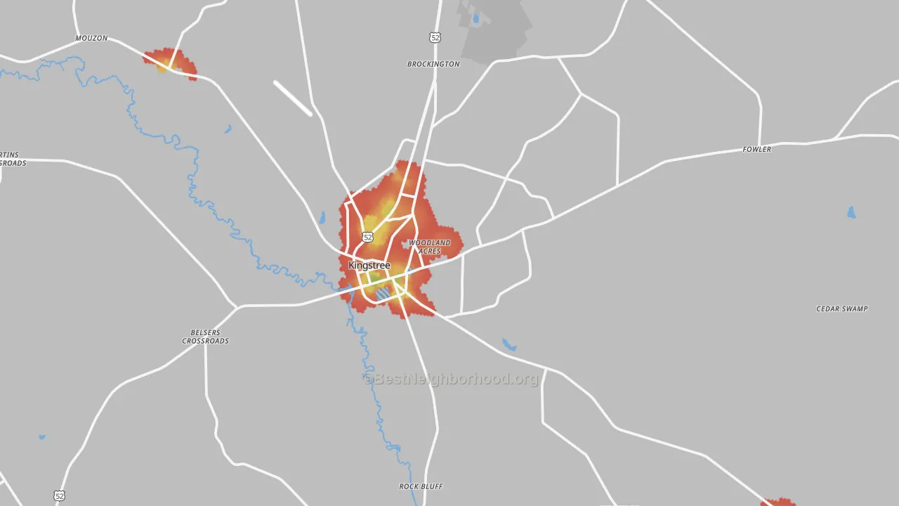 Walk Grade map of 29556, SC, walkable areas in green and car-dependent areas in red