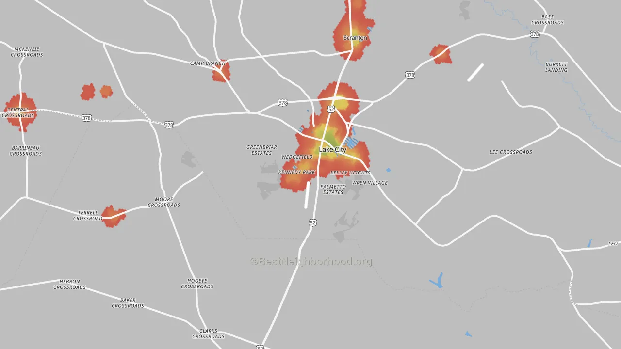 Walk Grade map of 29560, SC, walkable areas in green and car-dependent areas in red