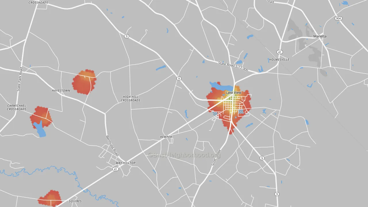 Walk Grade map of 29563, SC, walkable areas in green and car-dependent areas in red