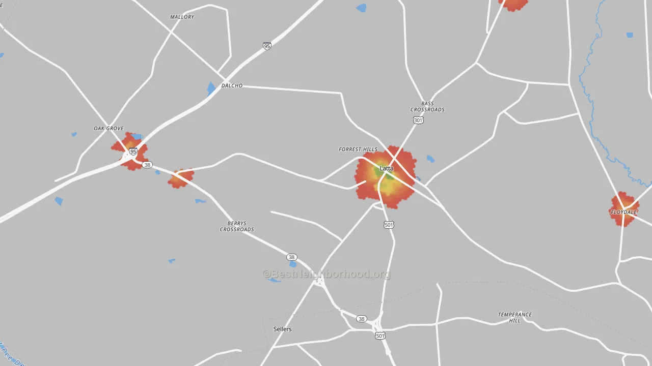 Walk Grade map of 29565, SC, walkable areas in green and car-dependent areas in red