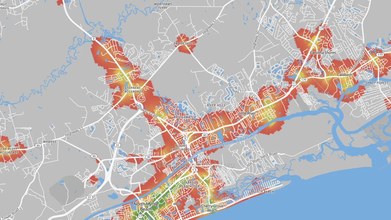 Walk Grade map of 29566, SC, walkable areas in green and car-dependent areas in red