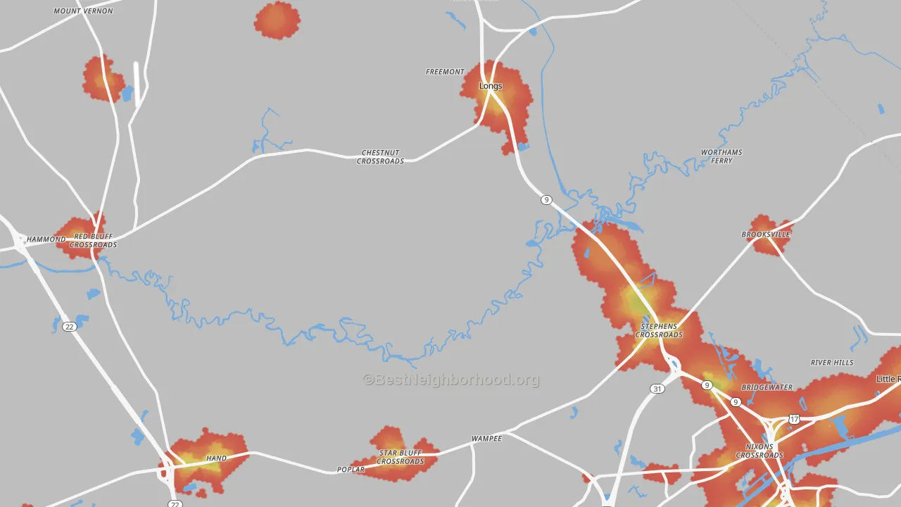 Walk Grade map of 29568, SC, walkable areas in green and car-dependent areas in red