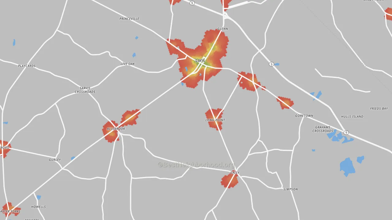 Walk Grade map of 29569, SC, walkable areas in green and car-dependent areas in red