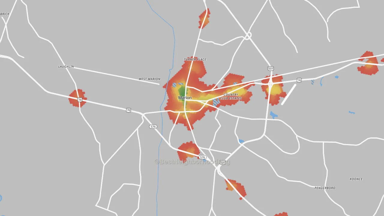 Walk Grade map of 29571, SC, walkable areas in green and car-dependent areas in red