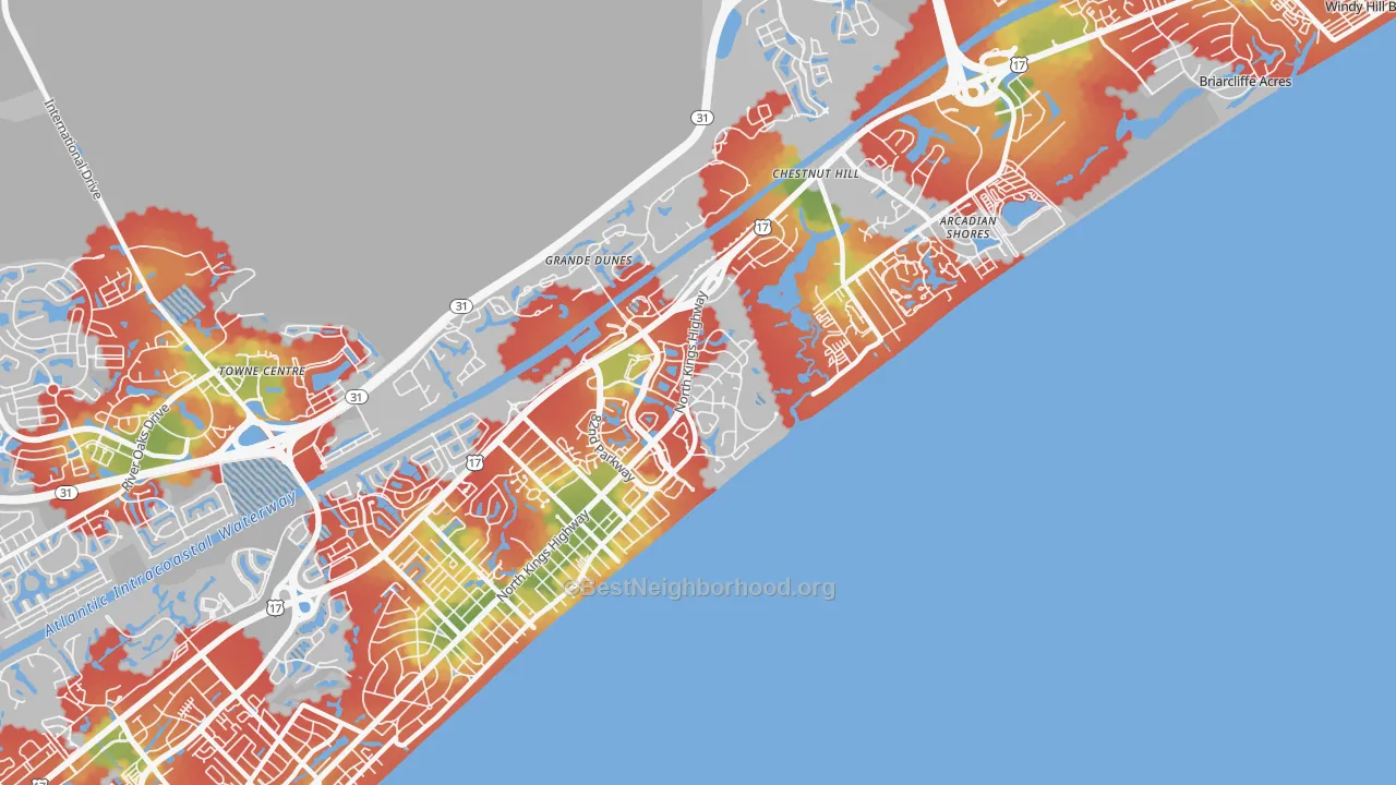 Walk Grade map of 29572, SC, walkable areas in green and car-dependent areas in red