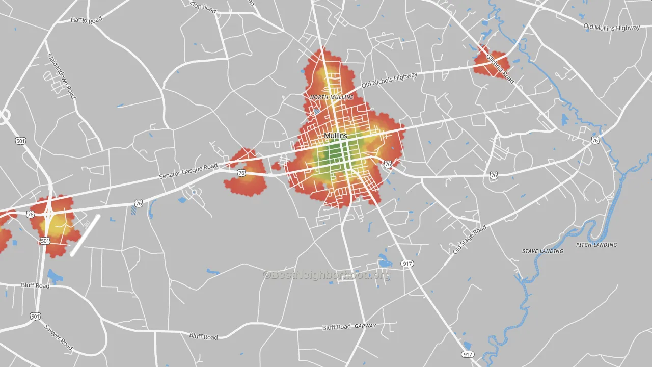 Walk Grade map of 29574, SC, walkable areas in green and car-dependent areas in red