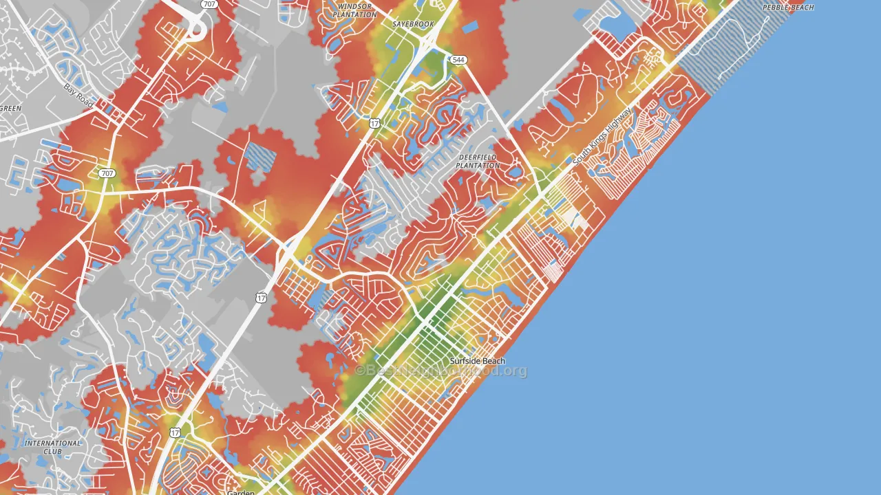 Walk Grade map of 29575, SC, walkable areas in green and car-dependent areas in red