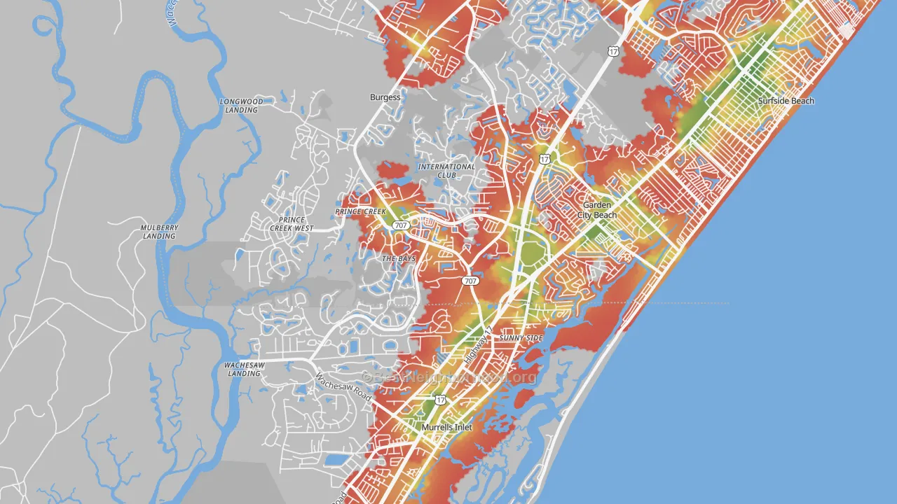 Walk Grade map of 29576, SC, walkable areas in green and car-dependent areas in red