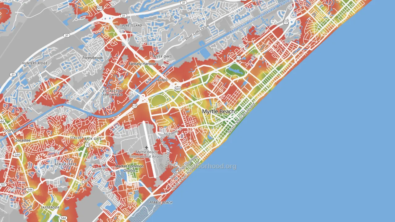 Walk Grade map of 29577, SC, walkable areas in green and car-dependent areas in red
