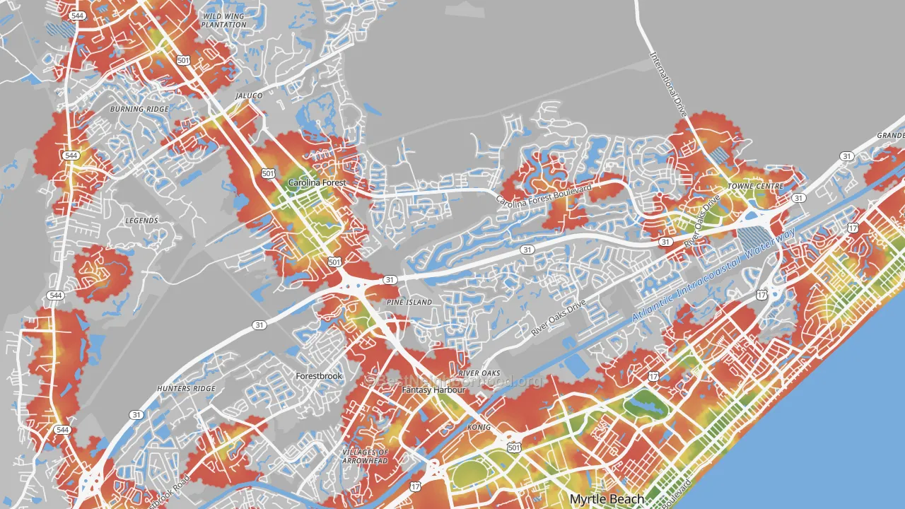 Walk Grade map of 29579, SC, walkable areas in green and car-dependent areas in red