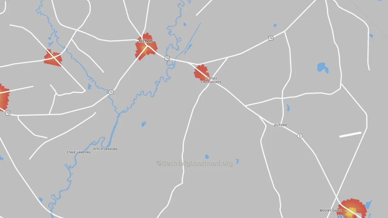 Walk Grade map of 29581, SC, walkable areas in green and car-dependent areas in red