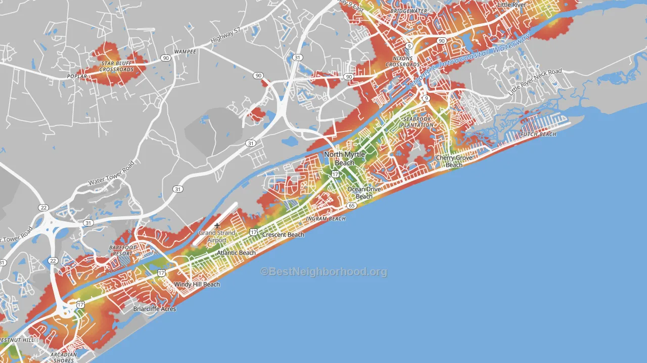Walk Grade map of 29582, SC, walkable areas in green and car-dependent areas in red